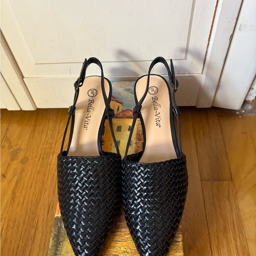 Bella Vita Black Woven Slingback Kitten Heels